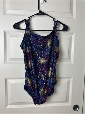 Cat & Jack Girls Fireworks Print One-Piece Swimsuit -Navy Multicolor Ruffle XL